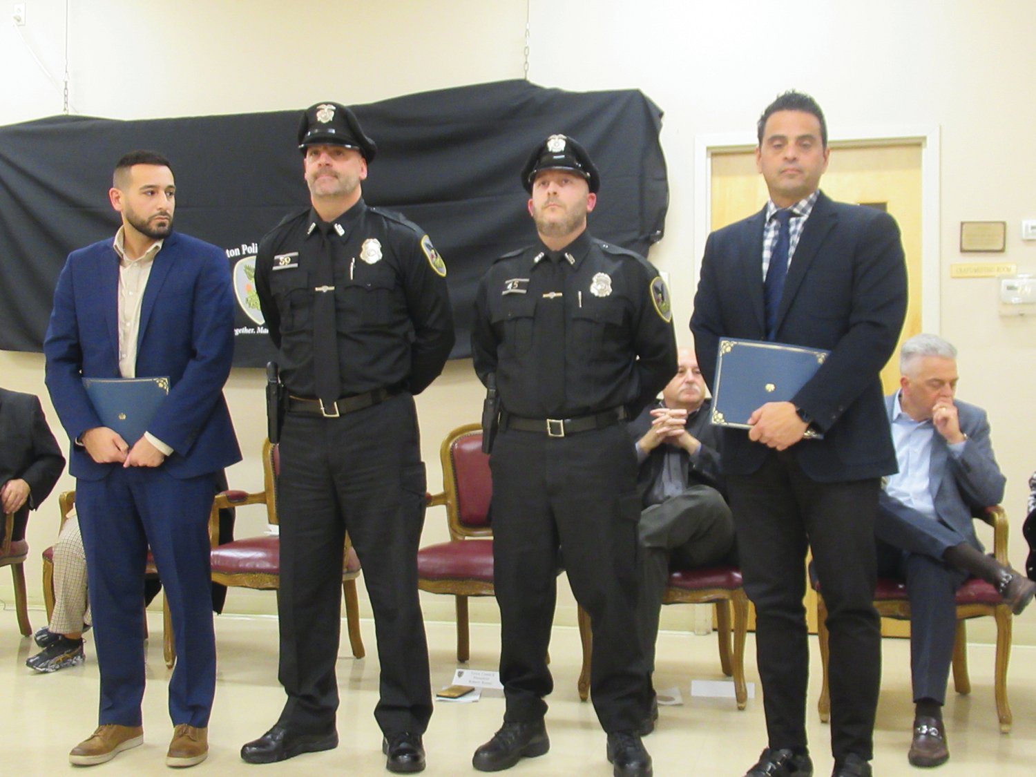 COUNCIL CORNER: Among the JPD officers who received a Town Council Award during the recent Recognition of Excellence Ceremony were Patrolman Joseph Rotella and Mike Protano. Town Council Vice President Joseph Polisena Jr. and President Robert Russo did the honors.